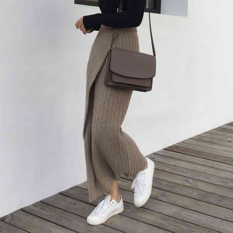 High Waist Splitting Knitted Long Skirt Women Elastic Solid Vintage Ladies Korean Spring Clothes 210514