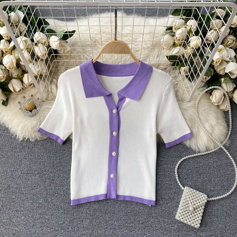 Short Sleeve Polo Shirt Women Fashion Summer Buttons Knit Cardigan Crop Top Color Match Slim Stretch Casual Women's T Tops 210603