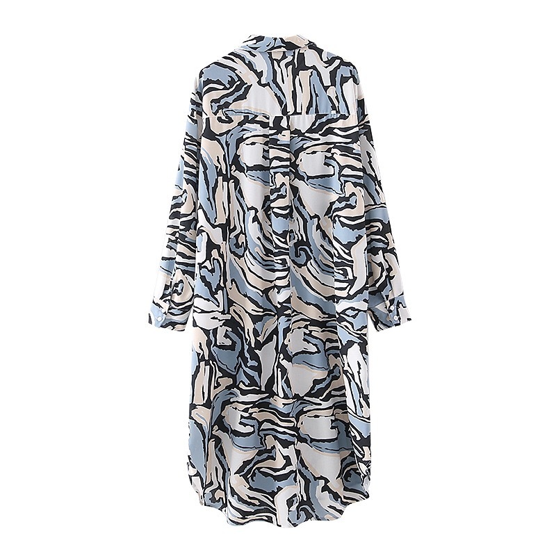 Spring Summer Lapel Swirl Geometric Print Midi Shirt Dress Elegant Women Center Buttons Hem Asymmetry Vestido 210429
