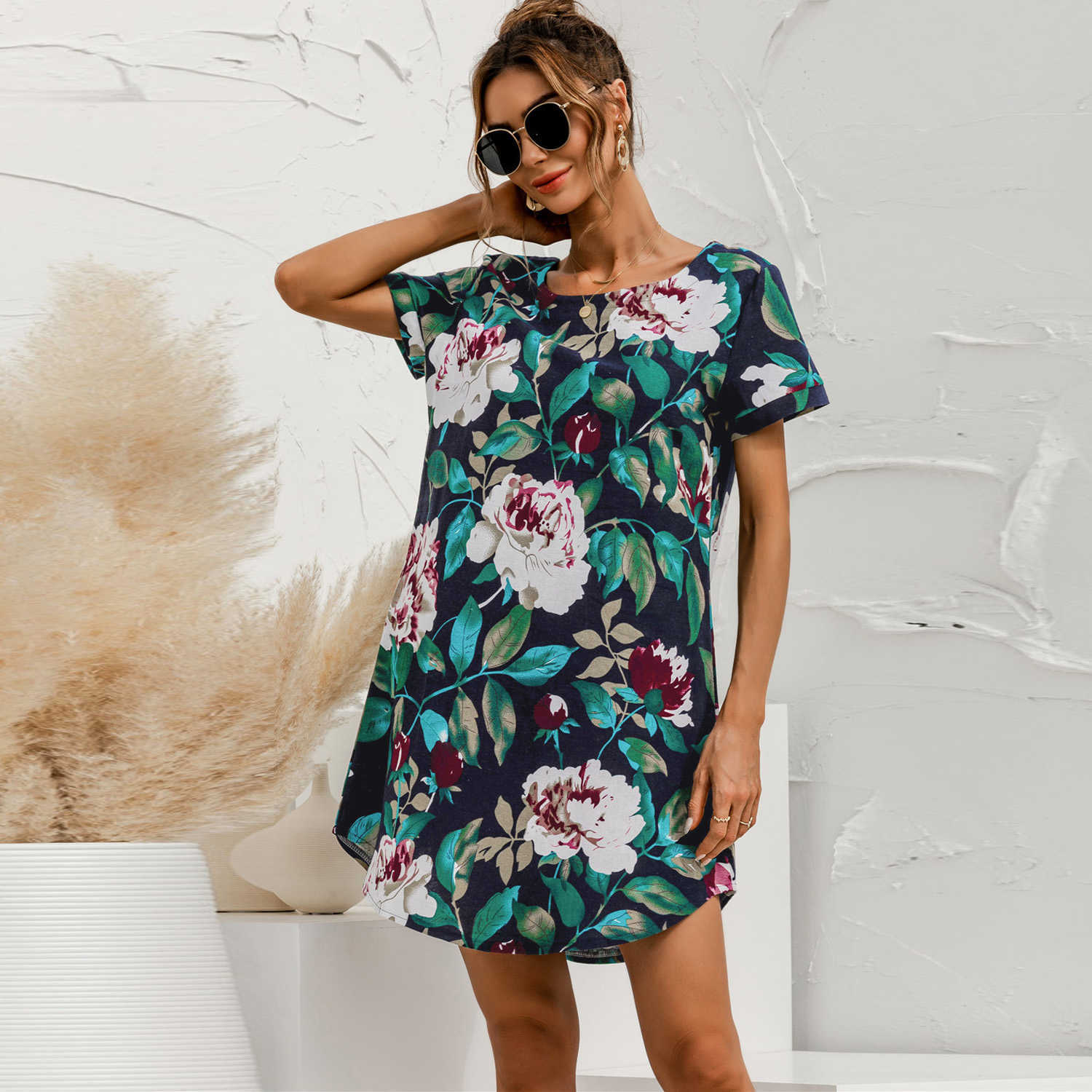 Vintage Floral Print Cotton Linen Dress Summer Women's Casual O Neck Short Sleeve Loose Straight Mini Dresses Vestidos Plus Size 210526