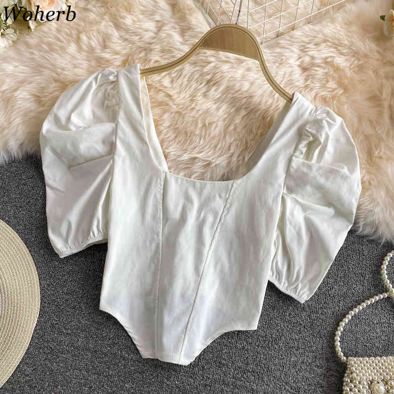 Women's Clothing Korean Blouses Square Neck Fashion Blusas Backless Lace-up White Puff Sleeve Shirts Irregular Crop Tops 210519