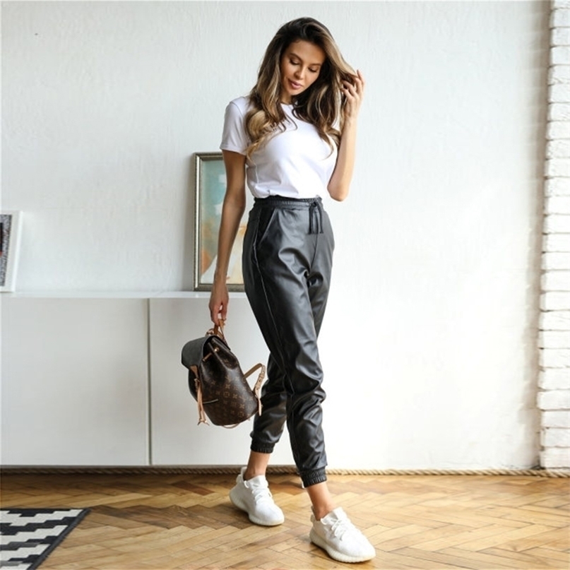 Fashion PU Pants For Women Full Length Pencil Faux Leather Solid Elastic Waist Drawstring Casual Loose Office Lady 211115