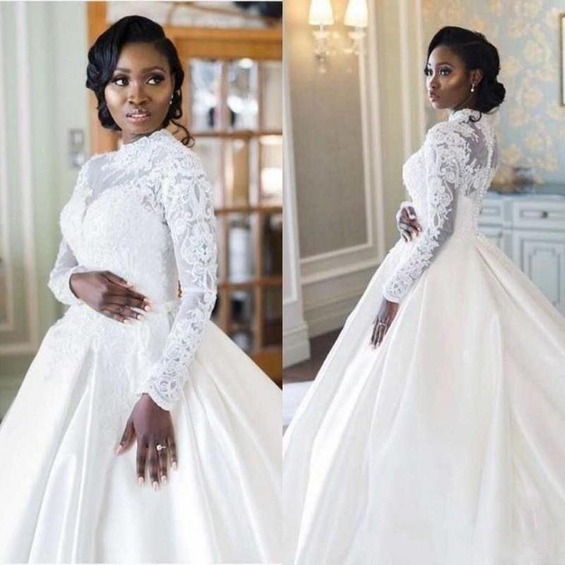Modest Long Sleeve Wedding Dresses High Collar Appliques Lace Muslim Arabic Chapel Bridal Gowns Back Buttons Sweep Train Satin Bride Dress Vestidos