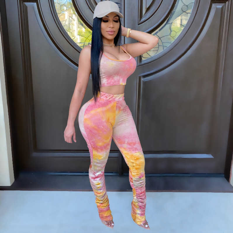 Womens Tie Dye Short 2023 Piece Set Tracksuit club fashion vest Pleated long pants Jogging suit Desiger T Shirt Tight Trouser Outfits