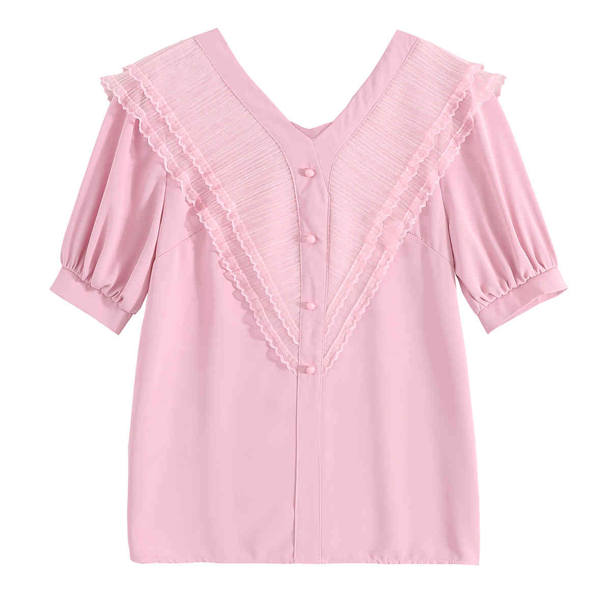 Vintage Lace Shirt Solid Loose Slim V-neck Top Female Short Sleeve Chiffon Blouse Ropa De Mujer Summer Woman's 9855 210506