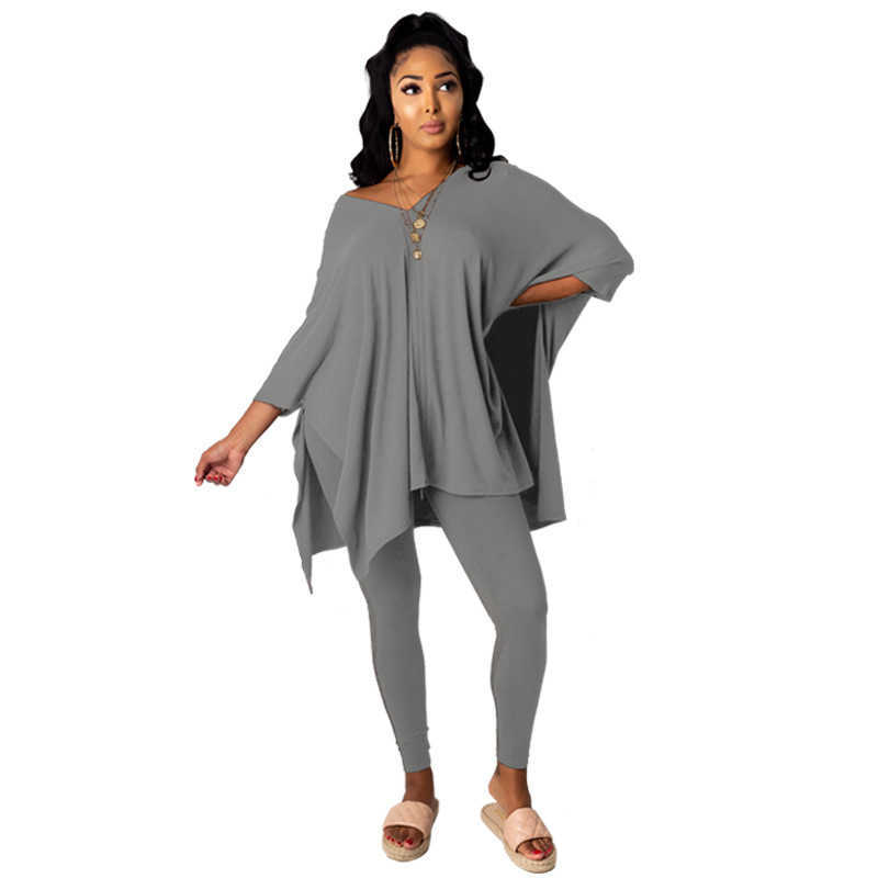 Designers Women Clothes pants 2023 autumn and winter solid color slotted V-neck bat sleeve two piece set