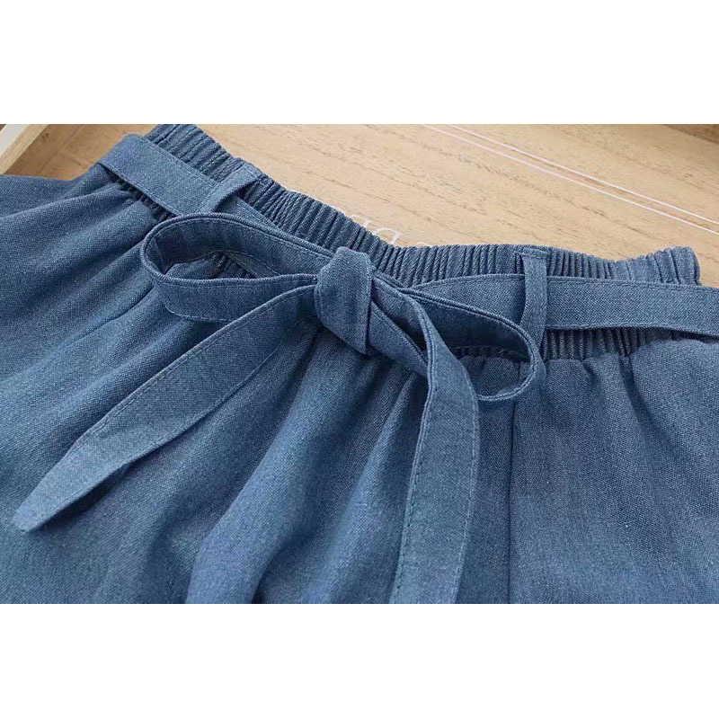 Blue Denim Skirt: Vintage Bow Belt High-Waist Chic Short Skirt For Women