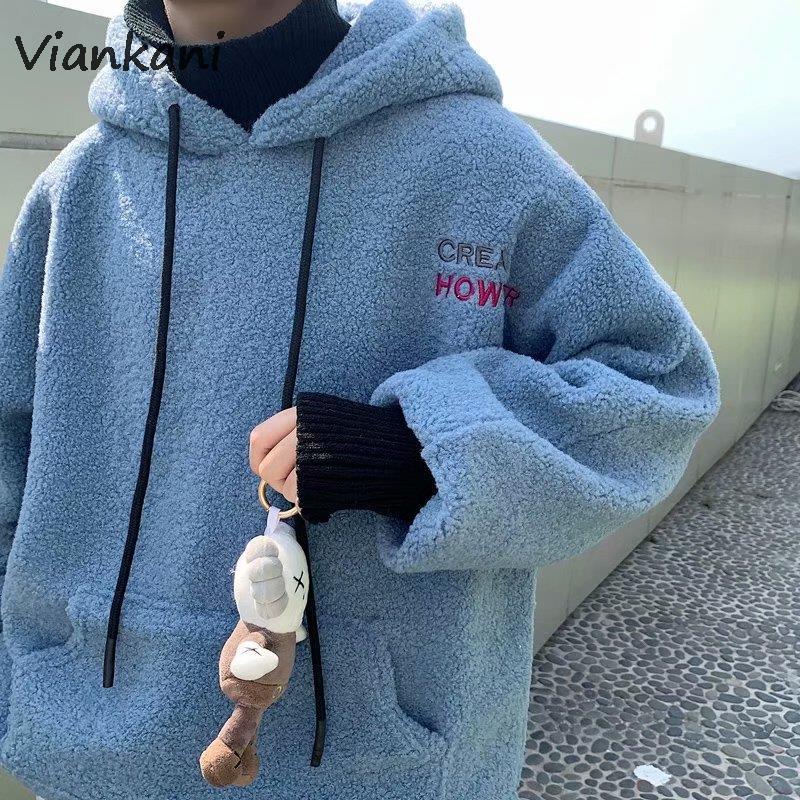 Men's Hoodies & Sweatshirts Men Lambs Wool Turtleneck Embroidery Thicker Fake 2 Piece Winter Plus Velvet Hooded Coats Couples Harajuku Outer