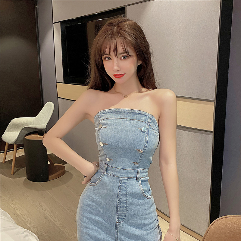 Spring Women Strapless Jeans Jumpsuits Buttons Sexy Woman Fashion Pockets Split Denim High Waist Slim Jumpsuit 210519