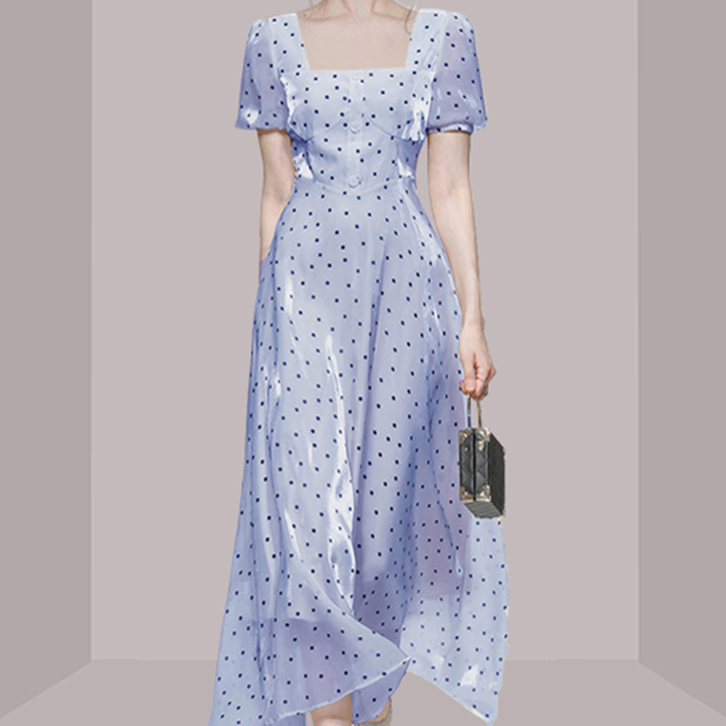 Elegant Temperament Fashion Polka Dot Square Collar Puff Sleeve Vintage High Waist A-Line Party Dress Female Vestidos 210519