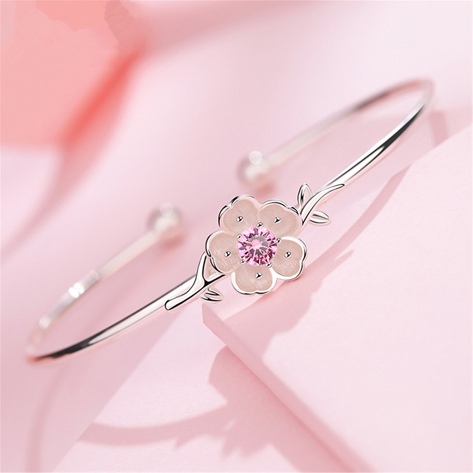 Sterling Silver Plated Cuff Bangle with Rose Quartz & Floral Design - Elegant Womens Jewelery