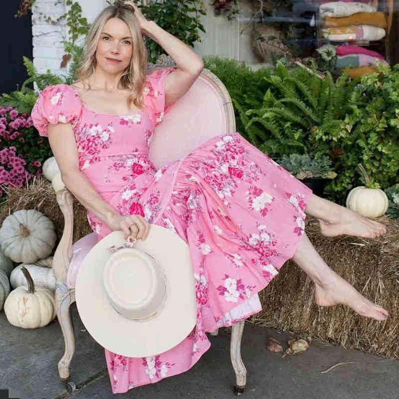 Square Collar Chinese Floral Print Pink Maxi Chiffon Dress for Women Summer Boho Beach Holiday Blue Long 210427