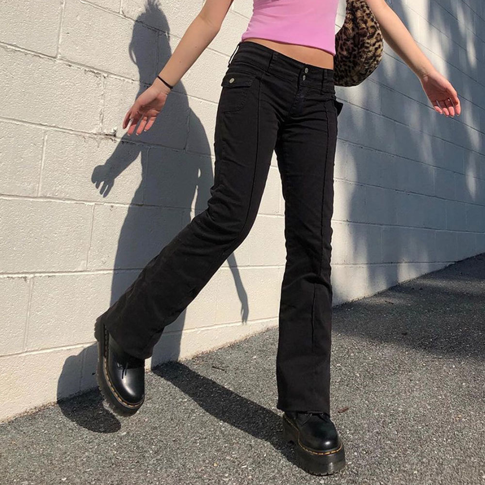 Women Casual Low Waist Flare Pants Vintage Aesthetics Pockets Solid Y2K Harajuku Trousers Gothic Streetwear 210428
