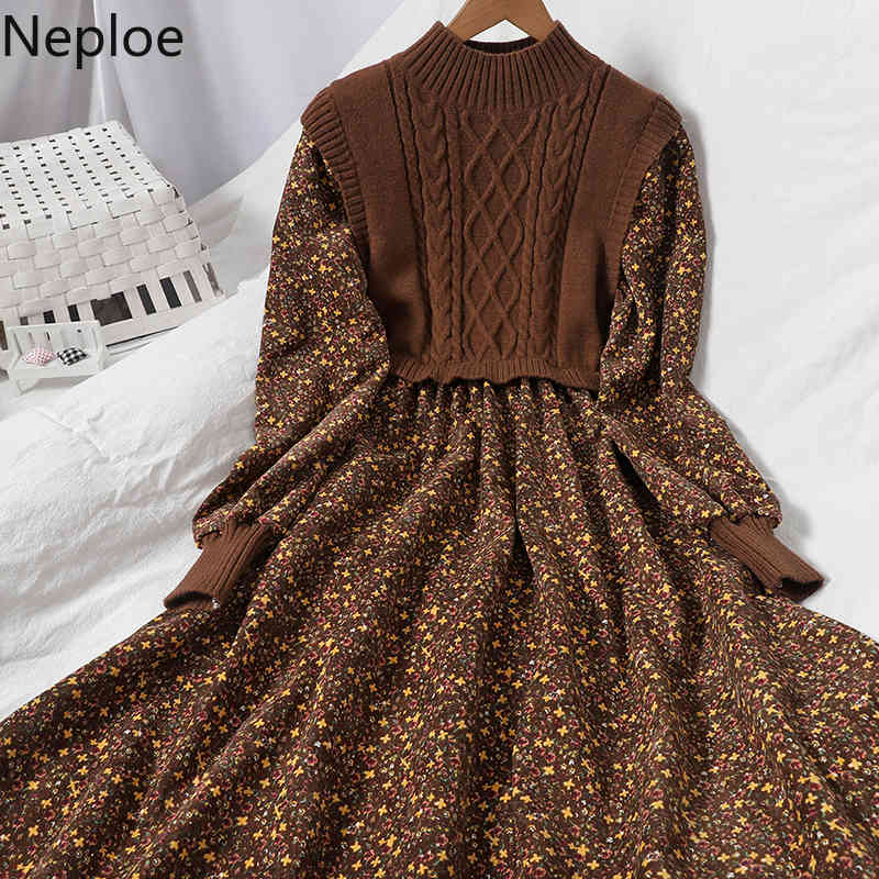 Neploe Patchwork Knitted Crobbed Dresses for Women Temperament Corduroy Floral Vestidos Lace Up Robe Korean Dress Female 210422