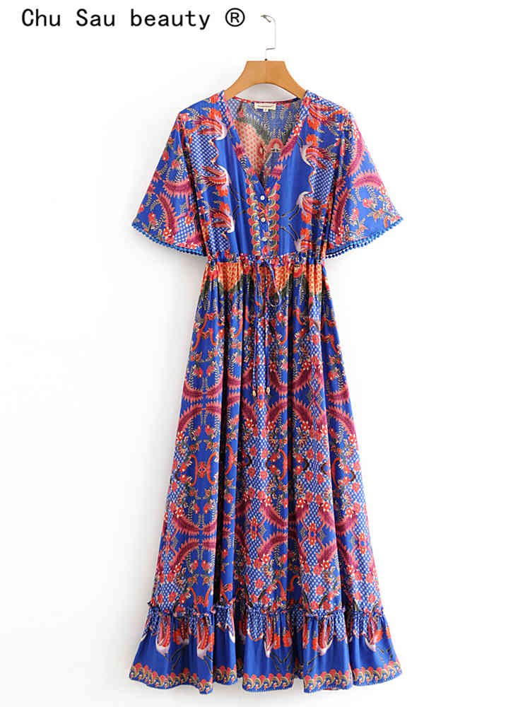beauty Fashion Boho Vintage Print Maxi Dress Women Holiday Chic V-neck Single-breasted Summer Long Dresses Female 210514
