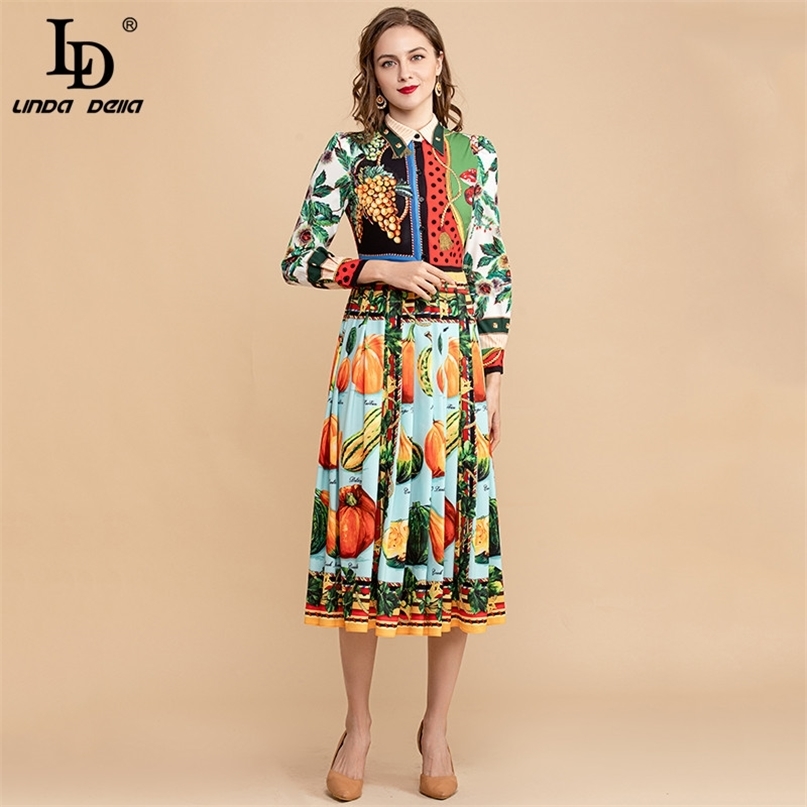 Summer Fashion Runway Vintage Dress Women Long Sleeve Multicolor Fruits Vegetables Print Midi Elegant 210522