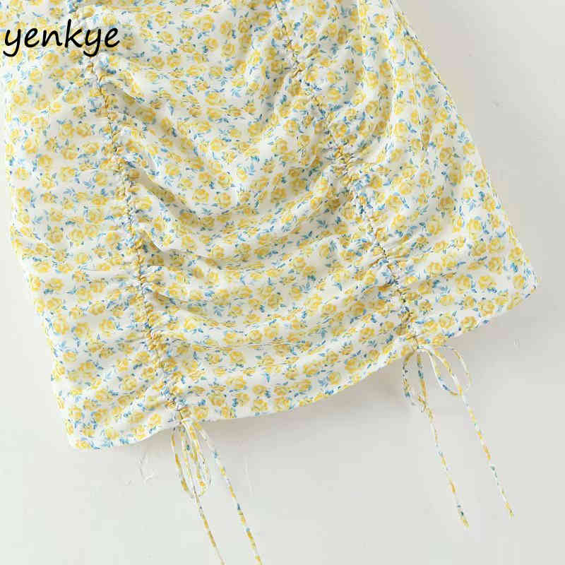 Sleeveless Sling Sexy Women Drawstring Bodycon Mini Modern Lady Yellow Floral Print Chiffon Dress Summer vestido 210515