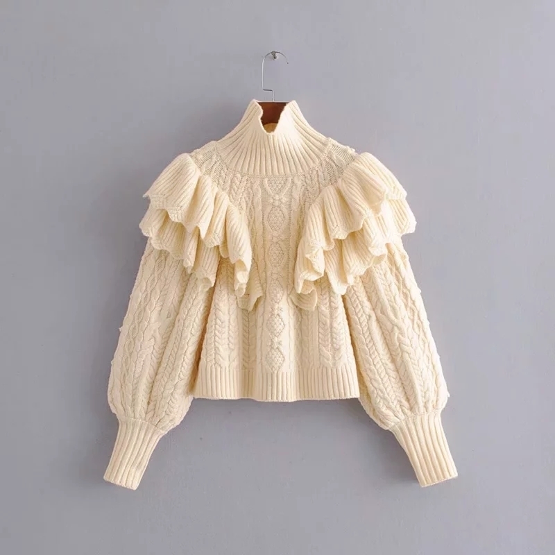elegant ruffle turtleneck sweater women pullovers long sleeve knitted casual pull femme winter clothes 210521