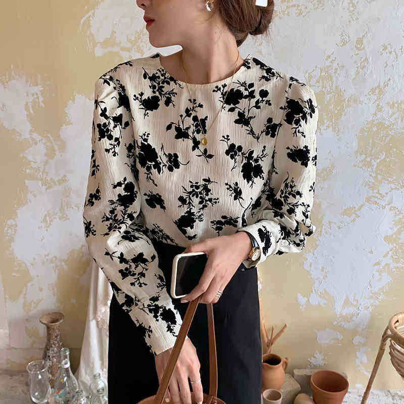 Nomikuma Korean Floral Printed Blouse Tops Causal O-neck Puff Long Sleeve Pullover Shirt Autumn New Blusas Mujer 6C630 210427