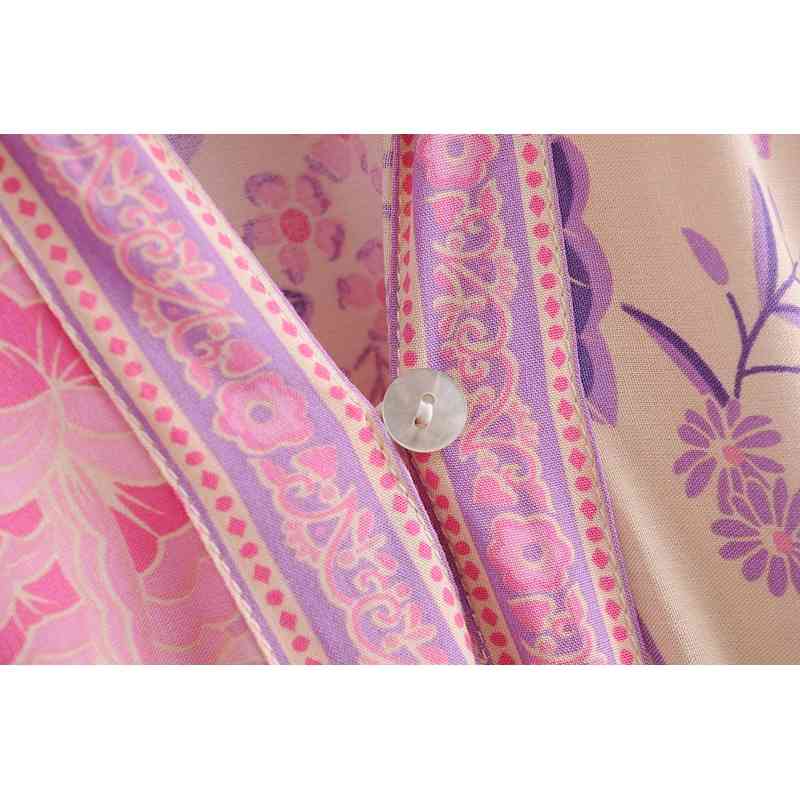 Spring Bohemia Tassel Lacing up Collar Pink Flower Print Dress BOHO Woman Adjust Waist Maxi Long Holiday Dresses Beach 210429