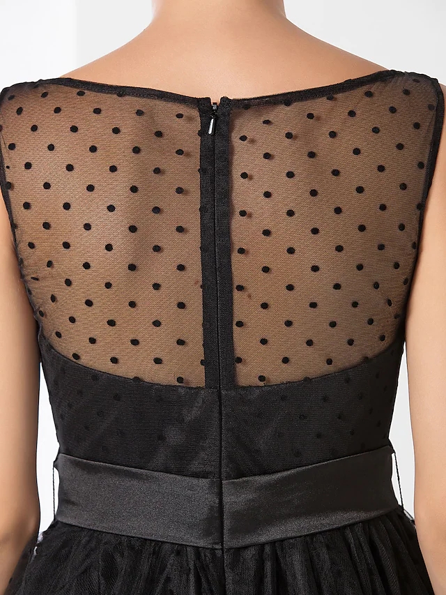 A-Line Vintage Black Evening Dress 2022 Illusion Neck Sleeveless Tea Length Dot Tulle Prom Party Gown Robe De Soiree Vestido De Festa Longo