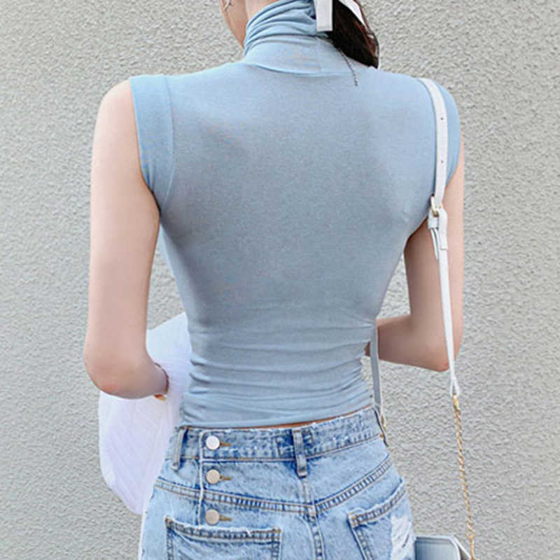 WOMENGAGA Mesh Lace Sexy Elasticity Korea Purchased T-shirt Transparent Turtleneck Base Sleeveless Tops GDS2 210603