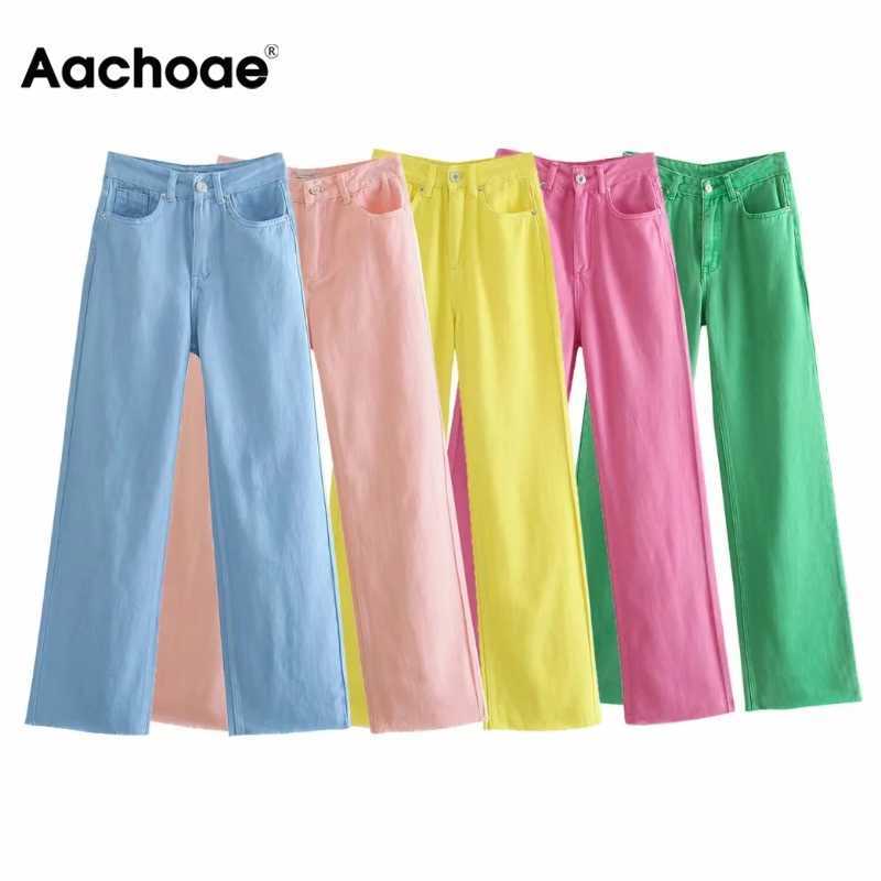Aachoae Women Wide Leg Jeans Fashion High Waist Cotton Long Denim Pants Pockets Casual Straight Loose Trousers Pantalon 210922