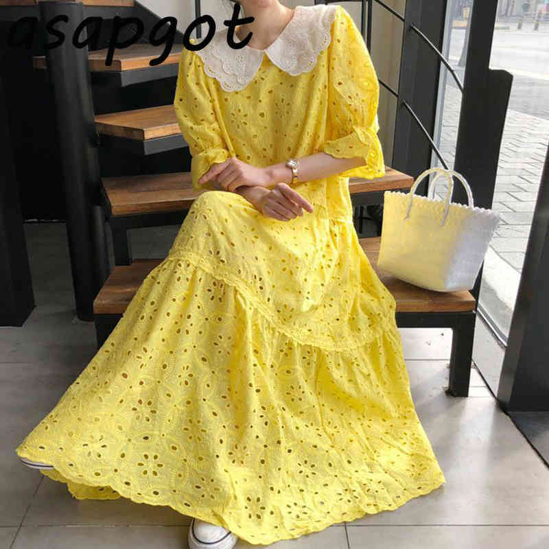 Dresses Chic Korean Sexy Hollow Out Pink Lace Peter Pan Collar Dress Women Flare Sleeve Patchwork Loose Sweet Summer Fashion 210429