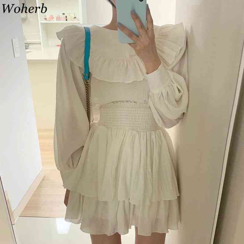 Korean Chic Elegant Skirts Two Pieces Set Long-sleeved Ruffled Shirt + High Waist Pleated Mini Skirt Female Outfits Suit 210519