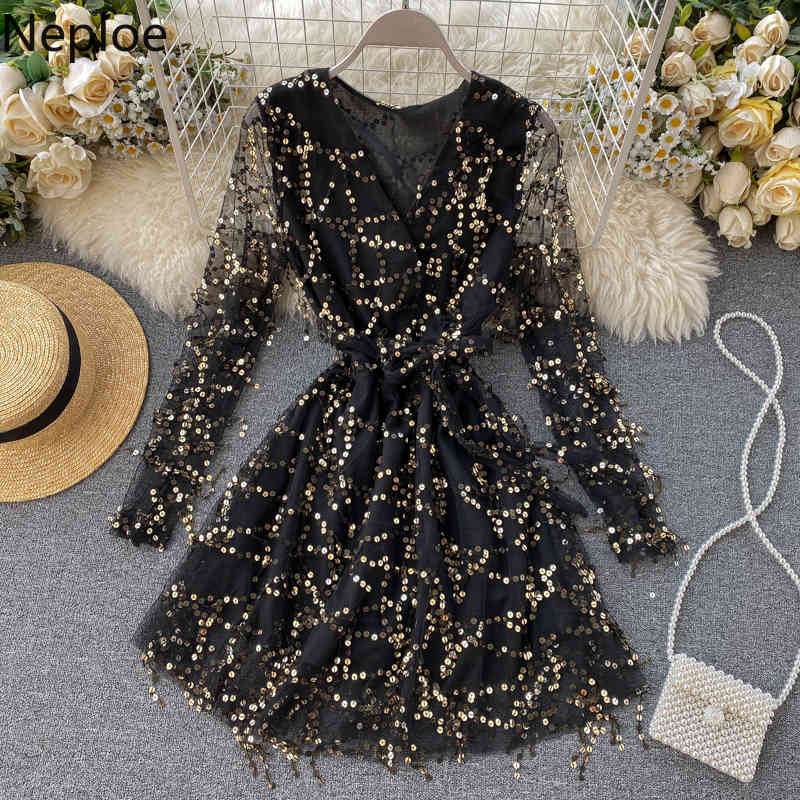 V Neck Tassel Sequined Patchwork Long Sleeve Dress High Waist Hip Slim A Line Vestido Autumn Spring Sexy Party Ropa 48650 210422Z
