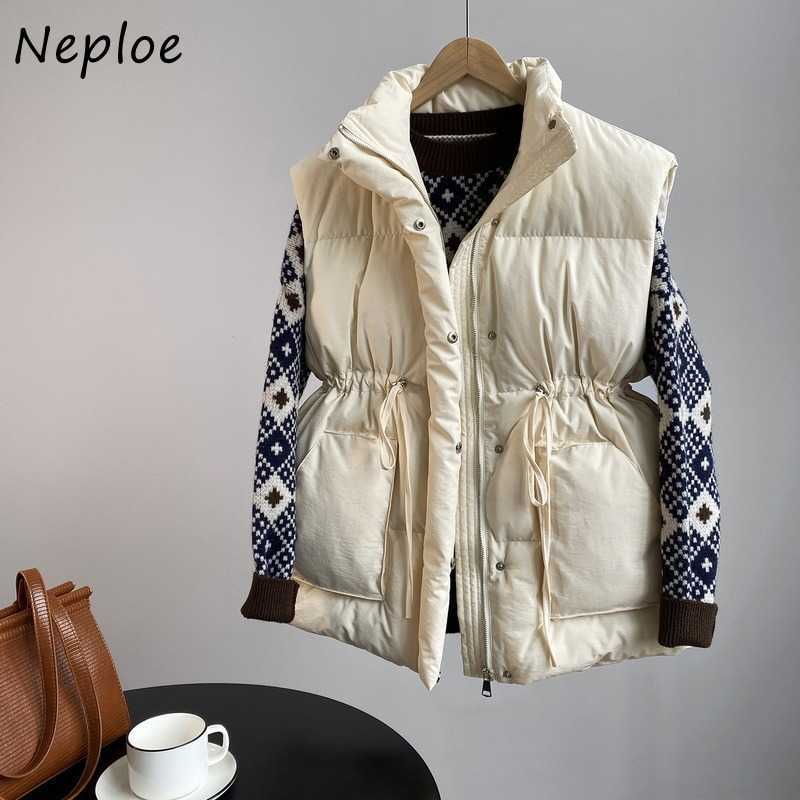 Neploe Double Pockets Chic Drawstring Slim Waist Vest Autumn Winter Solid Color Cotton Tank Top Sleeveless Parkas 210819