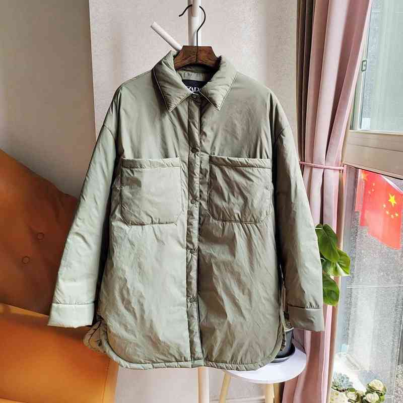 Winter Fashion Arrival Turn Down Collar Long Sleeve Shirt Coats Black Green Women Parkas With Pockets Mujer Solid Jackets 211215