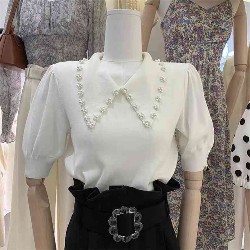 Korean Fashion Pearl Lapel T-shirt French Short White Sleeve Knit Sweater Summer Top women's clothing 210520, Black
Korean Fashion Pearl Lapel T-shirt French Short White Sleeve Knit Sweater Summer Top women's clothing 210520, Black
