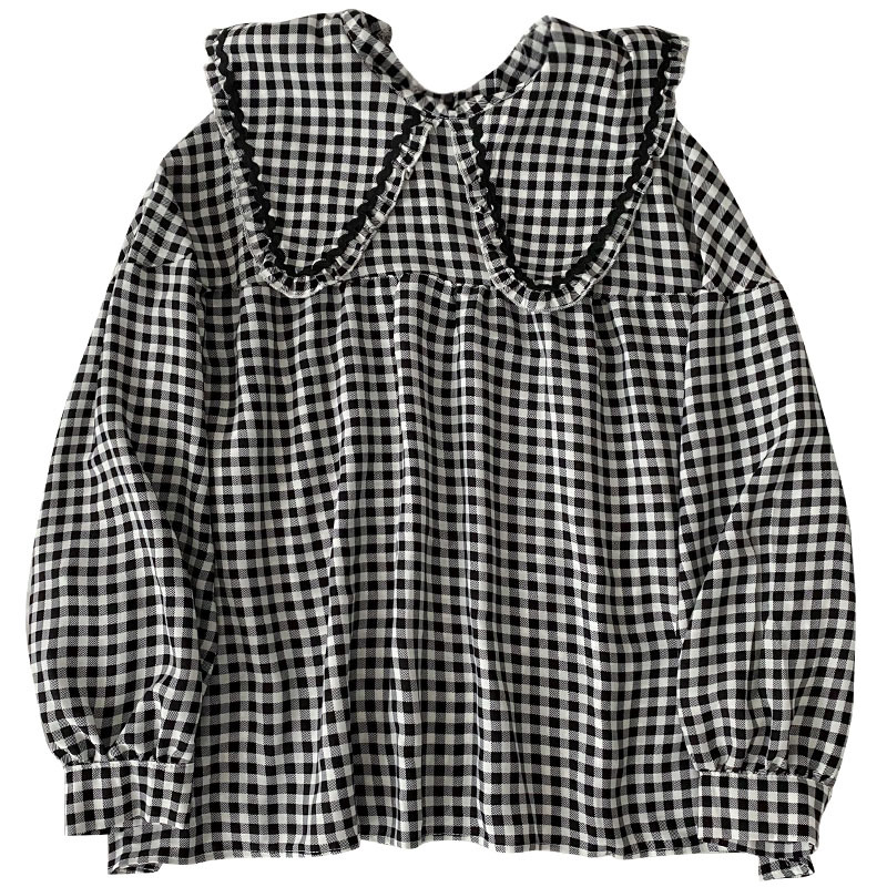Kimutomo Chic Plaid Shirt Spring Women Korean Fashion Female Peter Pan Collar Long-sleeved Elegant Top Casual 210521