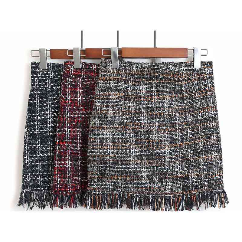 Colorfaith Spring Summer Women Woolen Mini Skirt In A Cage Vintage Plaid Tassel Skater High Waist Checkered SK5583 210619