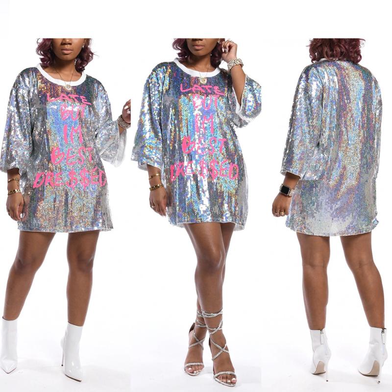 Casual Dresses Women Sequined Letter Print O-Neck Natural Loose Long Sleeve Autumn Stylish 2021 Solid Color Plus Size Female Clothing