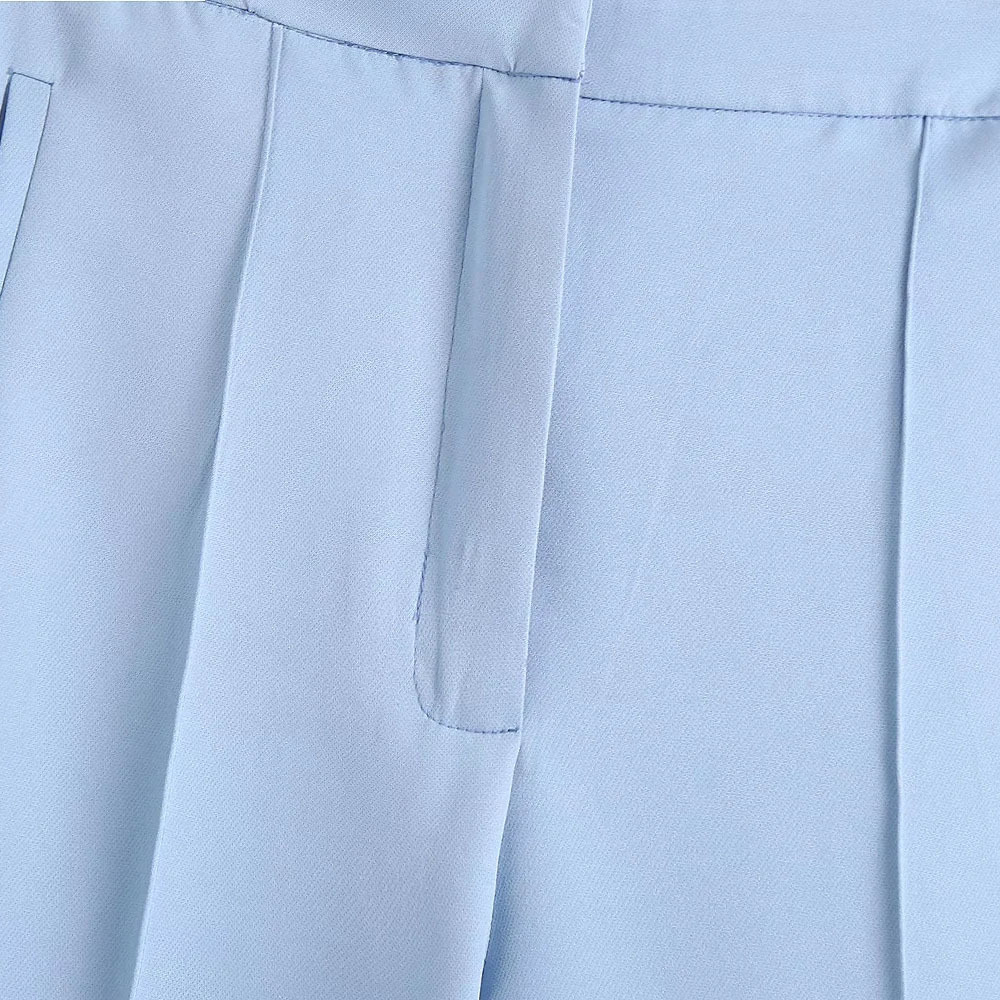 BBWM Women Fashion Office Wear Side Pockets Straight Blue Pants Vintage High Waist Zipper Fly Female Trousers Mujer 210520