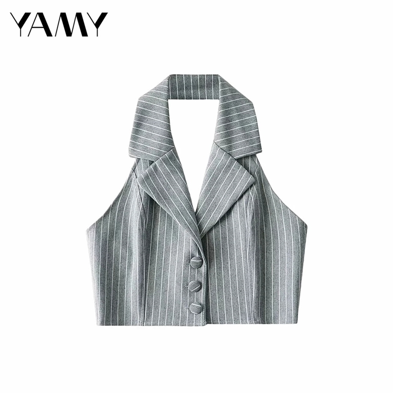 Summer Latest French Retro Striped Lapel Short Vest Female Sleeveless Sexy Backless Slim Short Top Single Breasted Suit Vest 210910