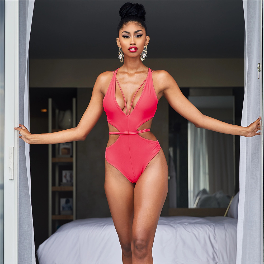 Neon Yellow Deep V Swimsuit Women Monokini String Bathing Suit Sexy Push Up Swimwear Bodysuits High Cut Bikini 210520