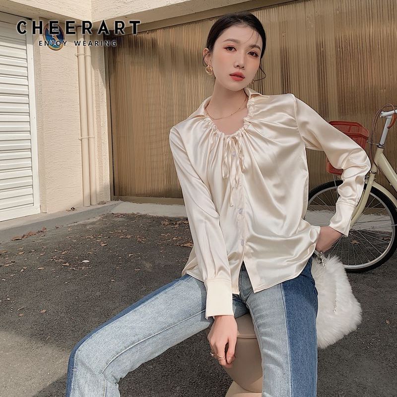 Champagne Satin Blouse Ruched Drawstring Button Up Long Sleeve Ladies Top Korean Spring Fashion Women 210427
