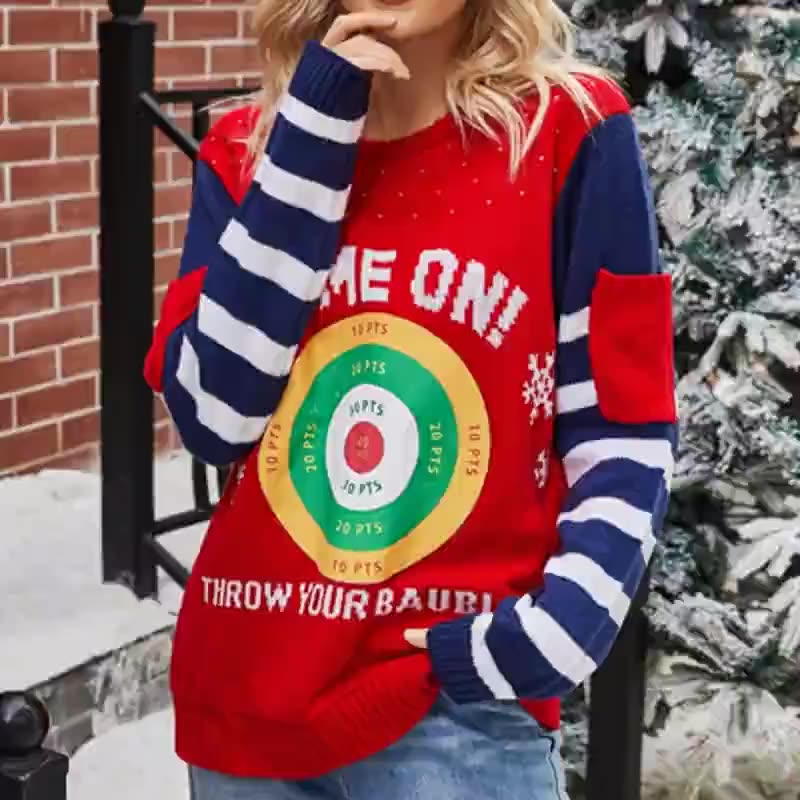 striped Christmas women's sweater, red and ugly, with letters Knitted with pockets 2021, White;black
striped Christmas women's sweater, red and ugly, with letters Knitted with pockets 2021, White;black