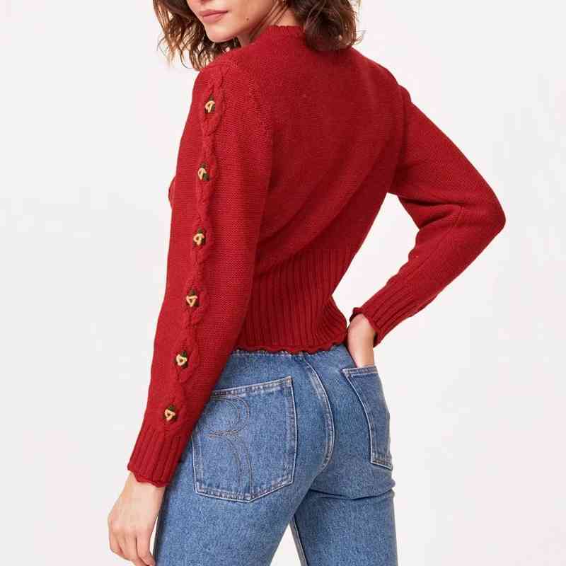 Women Cropped Cable Knit Jumper With Embroidery Floral Lady Sweater 210512