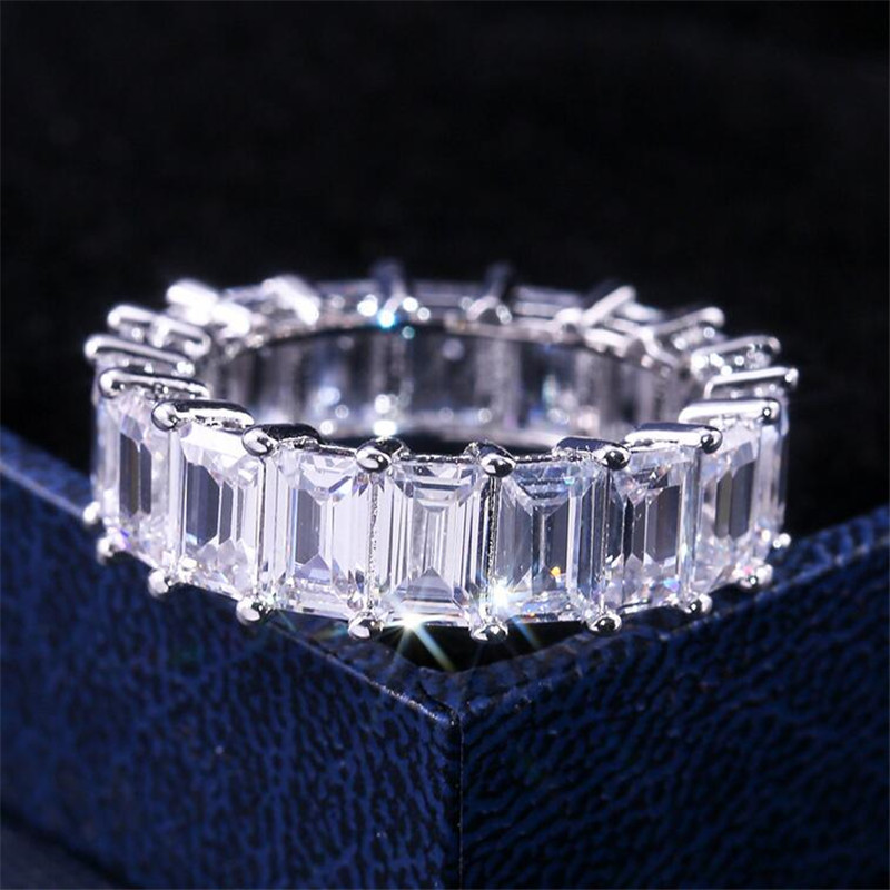 Choucong Simple Fashion Jewelry Wedding Rings 925 Sterling Silver Emerald Cut White Topaz CZ Diamond Gemstones Party Couple Women Engagement Bridal Ri