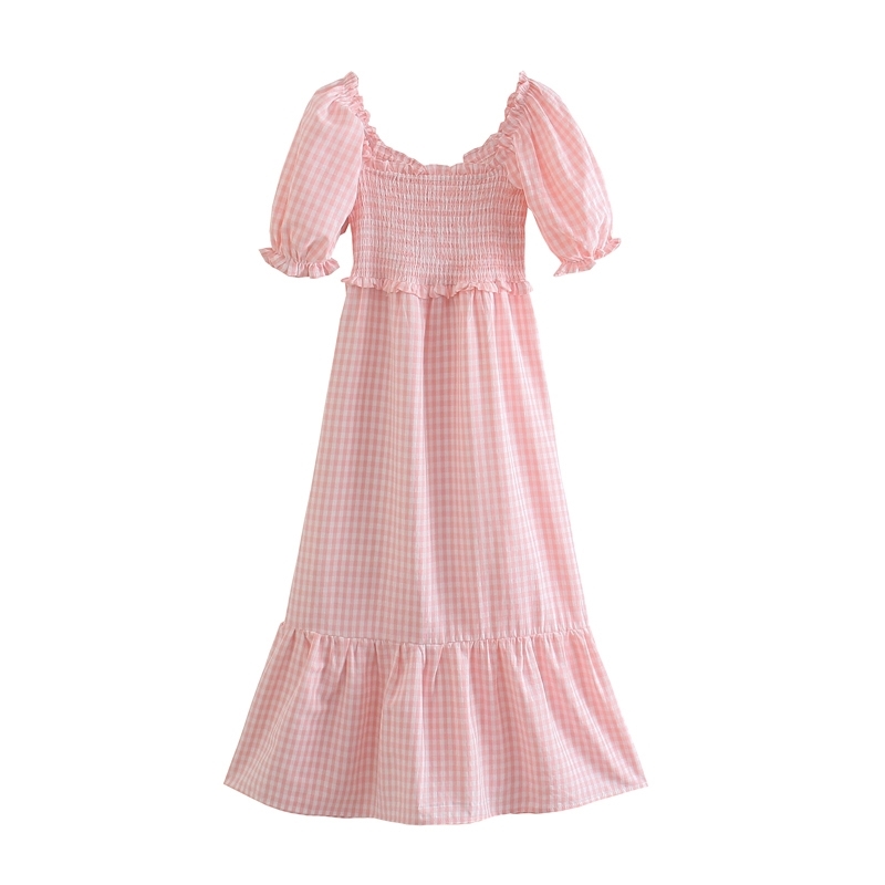 Holiday Style Puff Sleeve Dress Summer Pink Plaid Ruffle Belt Loose Mid-Length Vestido Female Elastic Fashion 210508