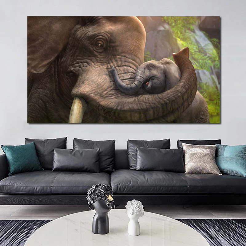 Elephant Mother And Sun Poster Canvas Painting Wall Art Pictures For Living Room Animal Prints Home Decor Indoor Decorations