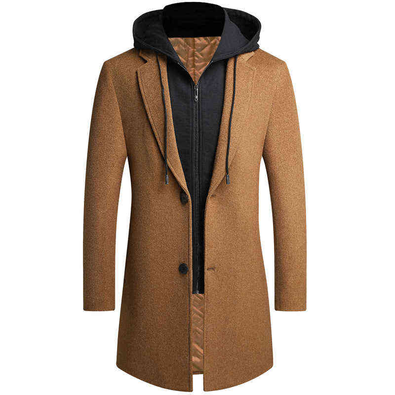 Men's Hooded Wool Blends Business Coats Winter Thicken Warm Windproof Men Woolen Coat Slim Long Casual Mens Clothing 211122