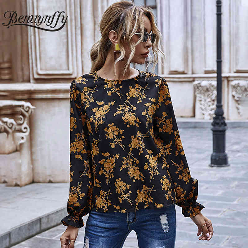 Autumn Floral Print Top Blouse Women High Street Round Neck Long Sleeve Retro Casual Ladies Tops and Blouses 210510