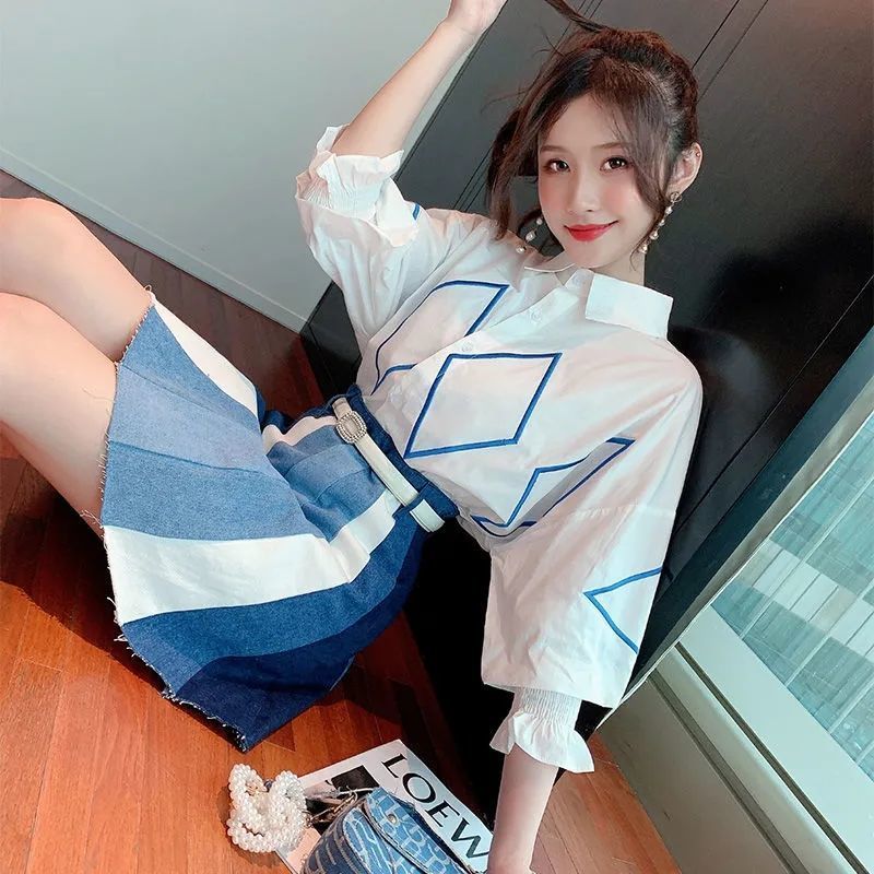 Summer Two piece Retro Women Casual White Turn Down Collar Shirt Top + High Waist Denim Mini Skirt Suit Female 210519