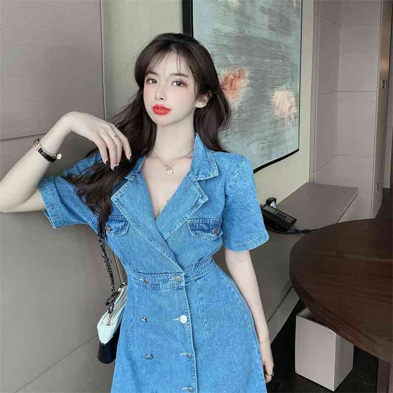 Fashion Korean Style Solid Summer Denim Dresses Women Sslim Waist Short Sleeves Sexy Backless Clothing 210520
