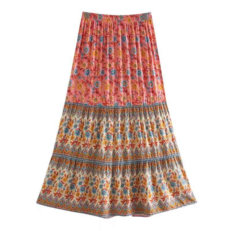 3 Colors Bohemia Floral Print Long Skirt BOHO Stitching Ruched Ruffle Hem Holiday Women Adjust Stream Waist Swing Skirts 210429